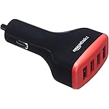 Amazon Basics - Caricabatterie per auto 9,6 A/48 W 4 porte USB per dispositivi Apple e Android, Nero/Rosso