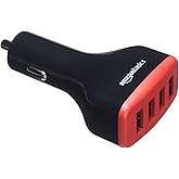 Amazon Basics - Car Charger for Apple & Android Devices, USB Port: 4 Inputs, 9.6 Amp / 48W, Black/Red
