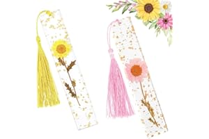 NOCHME Marcapáginas Flores Resina Con Borlas, 2 Marcadores De Libros De Resina Epoxi Seca Con Flores Reales Con Chispas Doradas, Marca Paginas De Lectura De Página
