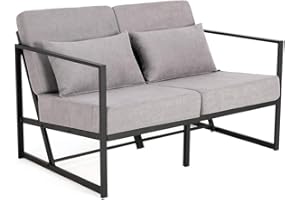 Mingone Divano 2 Posti in Tessuto Lino con Imbottito Design Moderno Divanetto con Braccioli con 2 Cuscini con Gambe in Metallo adatto a Soggiorni Camere da Letto Camere Degli Ospiti, Grigio Chiaro
