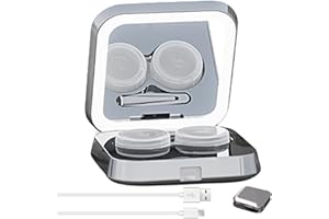 LEIKURVO Ultraschall Reinigungsmaschine für Kontaktlinsen, Ultraschall Kontaktlinsenreiniger, Automatischer Reiniger mit USB-Ladegerät, 2-in-1Tragbarer LED Kosmetikspiegel + Kontaktlinsenreiniger