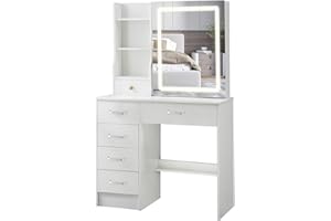 Umeiga Makeup Vanity Desk ith Sliding Mirror and Lights, 35.4" W Makeup Vanity Set, Vanity Mirror with Lights and Table Set, 3 Color Adjustable Lighting Brightness White
