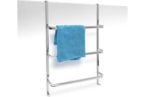 Relaxdays Towel Holder with 3 Rails: 85 x 54 x 11 cm Stainless Steel for All Standard-Size Doors with no Drilling, Chrome Finish w/ 2 Hooks, Modern Bathroom & Kitchen Style, Metallic Silver