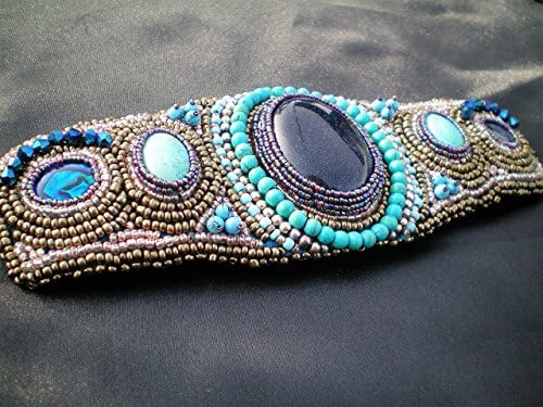 Embroidered turquoise cuff bracelet, Blue Goldstone, Abalone shell, Swarovski crystals, Aztec, Egyptian, Mediterranean, Mermaid bracelet, Paua shell, gift for her, bead embroidery.