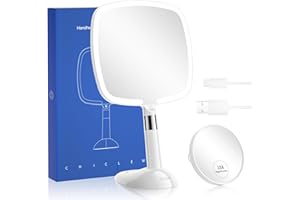 CHICLEW® Makeup Mirror With Lights, 1X/10X Magnifying Mirror With 60 LED Lights, Rechargeable 2 IN 1 Hand held and Table Light Up Mirrors For Makeup, 3 Colors Lighting Modes, Stepless Dimming