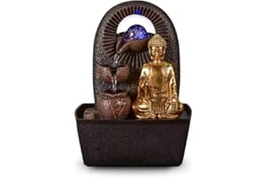 Fuente Buda Bhava – Fuente de Interior Buda Desmontable – Regalos – Objeto Deco Zen Budismo – Fuente de Mesa Luz LED – Circuito Cerrado – Marrón y Dorado – 26 cm – Zen'Light