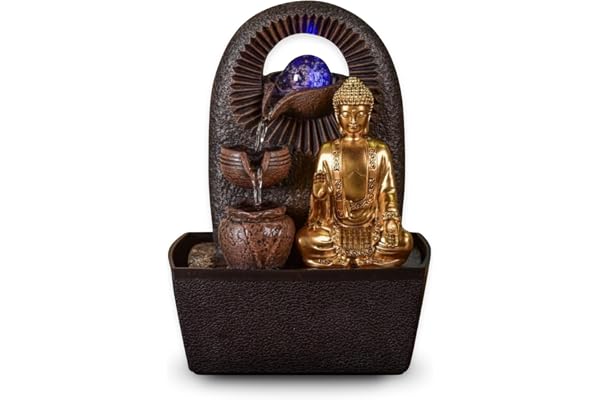 Buddha fontän Bhava - avtagbar Buddha inomhusfontän - gåvor - Zen Deco-objekt Buddhism - LED-ljus bordsfontän - stängd krets - brun och guld - H 26 cm - Zen'Light