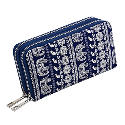 Te-Rich Double Zipper Wallet Phone case Canvas Coin Purse Clutch Bag Elephant Pattern Card Holder with Mobile Phone Holder Sucker Cup And Coin Pocket