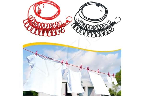 VazzLox Cloth Drying Rope with Hooks (Pack of 2) Elastic Cloth Hanging Rope for Cloth Drying with 12 Clips Cloth Rope for Drying Clothes for Travel Home Outdoor Kapde Sukhane ki Rassi Wire -Multicolor