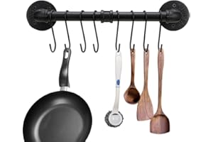 Btsky, Barra portaoggetti da parete in acciaio inossidabile, con 6 ganci, per pentole, padelle e utensili da cucina, dimensione: 40 cm Black Pipe