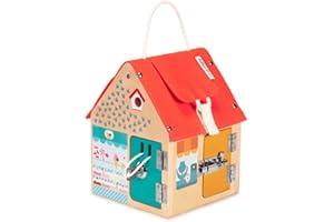 Lilliputiens-Haus zum Verschlüsse-Lernen aus Holz-Lehrreiches Holzspielzeug mit 6 verschiedenen Verschlusssystemen-Schlüssel,Klettverschluss, Riegel, Haken-Förderung von Motorik & Fantasie-Ab 3 Jahren