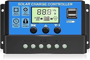 OOYCYOO 10A 12V/24V Solar Laderegler Solar Ladegerät Controller Solarpanel Batterie Intelligente Solarregler mit 5V Dual USB Port LCD Anzeige für Blei Säure Batterien