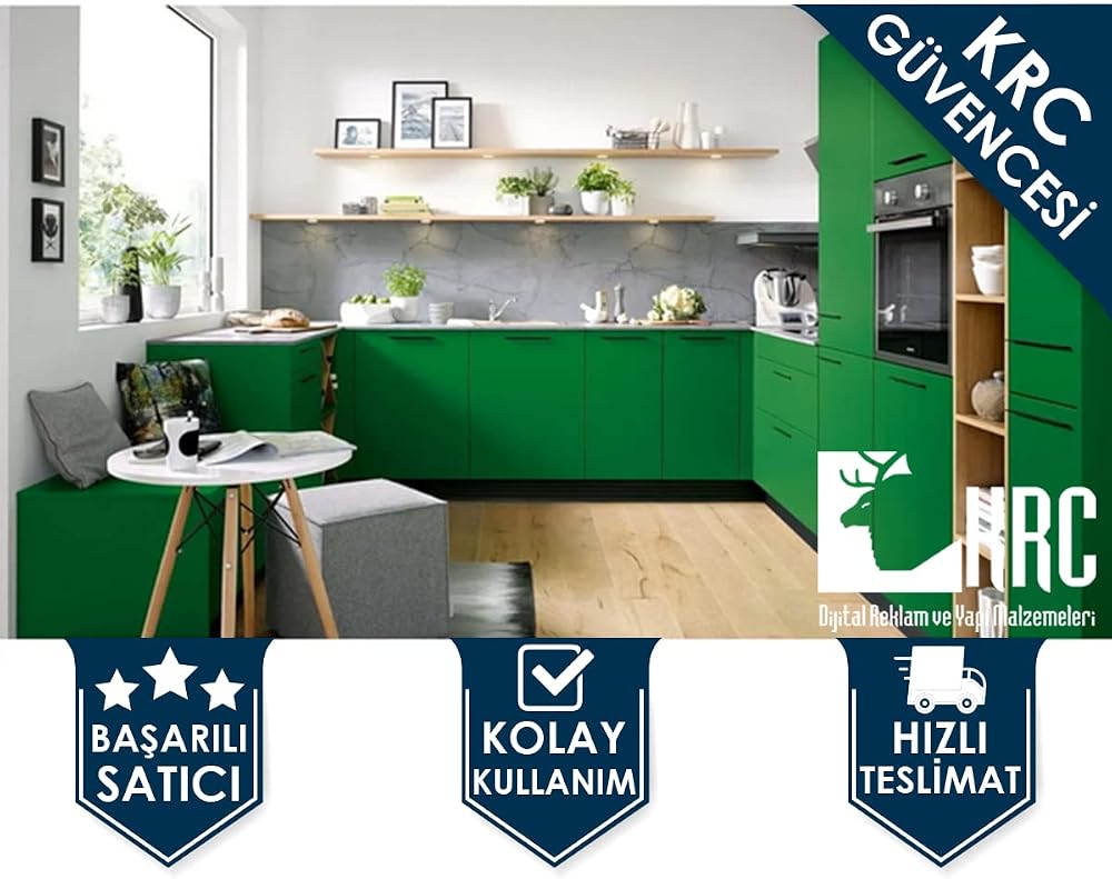 KRCDİJİTAL Dolap ve Mobilya Kaplama Folyosu Mat Yeşil 61cmx3mt Kendinden Yapışkanlı matyeşil krcNM367