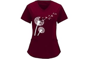 OUMSHBI Kasacks Damen Pflege Bunte Motive Löwenzahn Gedruckt Arbeitskleidung Pflege Damen Kurzarm V-Ausschnitt Schwesternkittel Kasack Bunt Mit Taschen Pflege Kittel Damen Kasack