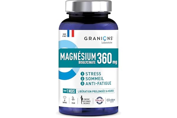 MAGNESIUM BISGLYCINATE 360 MG GRANIONS | Magnesium Fort Dosage + Vitamine B6 - Anti Stress Adulte - Bisglycinate 360 MG - Stress Fatigue - 60 Comprimés - Fabriqué en France