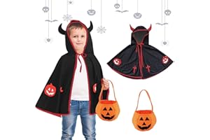 May Huang Cape de Diable d'halloween, Costume d'Halloween pour Enfant, Cape d'Halloween avec Sac de Bonbons Citrouille, Costume ​pour Fête de Cosplay D'halloween Garçon Fille