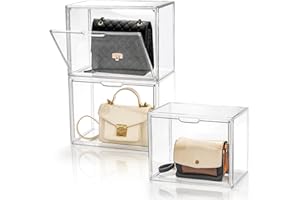 AVLA 3 Pack Plastic Handbag Storage Organizer for Closet, Clear Acrylic Display Case with Magnetic Door, Luxury Stackable Purse Clutch Organization, Assemble Collectibles Boxes for Wallet, Book, Toys