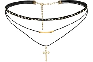 Flongo Valentine Gift Black Velvet Collar, Women Dual Strands Flannelette Rope Choker Necklace for Girls, Punk Vintage Cross Pendant Band Choker Neckband