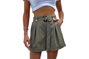 EMOTTOS Pantalones Cortos con Bolsillos Mujer, Shorts Mujer Verano Alta Cintura con Cintura Extraíble con Botones Decoración, Elegantes Pantalon Corto Pierna Ancha Casual para Mujer, Verde/Negro S-XL