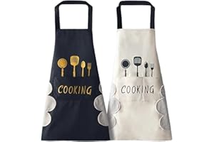 RUIKDLY 2 Pcs Tablier de Cuisine Impermeable Tablier de Cuisine Reglable Tablier avec Fonction Mains Essuyées Tablier Barbecue avec 2 Poche pour Cuisine Familial Restaurant Jardin Tablier de couple noir blanc