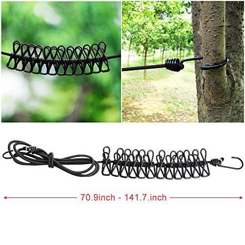 JTDEAL flexible Wäscheleine, Kleiderhaken, Outdoor Wäscheleine mit 12 beschichteten Klammern für Reise, Urlaub, Camping, 180cm-340cm, Schwarz - 7