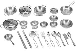 RUSPELA Juguetes de Juego de Roles Cocina Juego de simulación Juguetes para niños 25 Piezas Juguetes de Cocina Utensilios de Cocina de Acero Inoxidable Utensilios de Cocina Juego de sartenes para niños