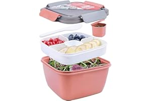 Greentainer Salatbehälter Lunch-Behälter Bento Box für Mittagessen, 3 Fächer für Salat und Snacks, Salatschüssel mit Dressingbehälter, Auslaufsicher, Mikrowellengeeignet 1500 ml Dunkel (Pink)