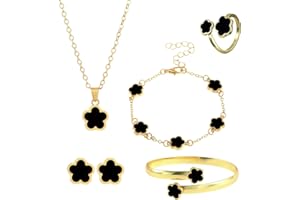 GWAWG Bijoux Femme Trèfle à Quatre Feuilles Porte-Bonheur, Ensemble 6 Pièces Collier, Bracelet, Bague, Boucles d'Oreilles en Acier Inoxydable, Parures Cadeau pour Anniversaire, Saint-Valentin