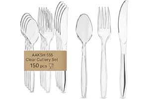 AAKSH 555 Pack of 150, Strong Reusable Clear Cutlery Set [ 50 Spoons, 50 Forks, 50 Knives Set ] Strong Cutlery Set for Birthday Parties Buffets Picnics BBQ's Wedding Camping Christamas Party.