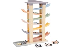 Joyreal Jouet Bebe 1 2 an - Rampe Voiture en Bois, Jeux Montessori avec 8 Mini Voiture Enfant et Un Garage Bois Jouet Cadeau Garcon Fille Enfant