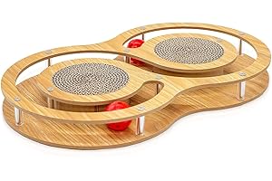 Pfotenolymp Jouet Chat interactif en Bois – Jouet Chat en Planche à Gratter Ondulée - Planche Griffoir Chats – Jeux Chat avec Balle et Herbe à Chat