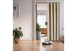 ‎TINYCURTAINS tinycurtains, Türvorhang mit Teleskopstange, einfache Montage in nur 1 Minute ohne Bohren (Türvorhang beige + Stange Silber, Vorhang 200 x 150 cm (HxB); Stange 70-120 cm)