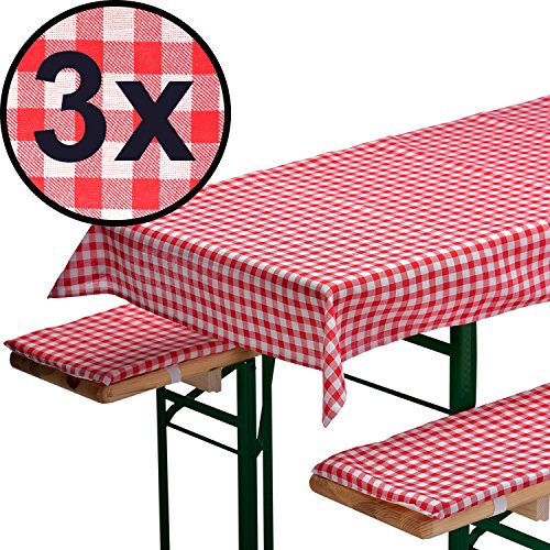 3x Bierbankauflagen-Set 3-teilig in rot: 1 Tischdecke 240 x 90 cm + 2 gepolsterte Bierbankauflagen 220 x 25 cm