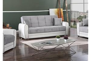 Dmora - Divano Letto 3 posti Luis, Divano Contenitore in Ecopelle e Tessuto, Sofà da Soggiorno con Apertura Click-clack, 220x84h91 cm, Bianco e Grigio