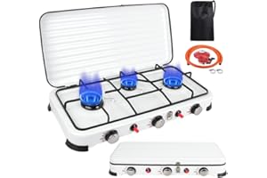 INOAMITY Hornillo de Gas Portátil para Camping, Cocina de Butano 3 Fuegos para Senderismo y Acampada - 5400W Hornillo Camping Gas con Tapa, Protector Viento, Regulador y Bolsa (Blanco) - Compacto Portátil