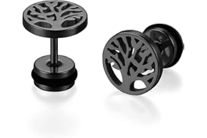 JewelryWe Schmuck Baum des Lebens Ohrstecker, Edelstahl Lebensbaum Runde Kreis Ohrringe für Herren Damen Tunnel Plug Ohrpiercing Barbell Stud Silber/Gold/Schwarz