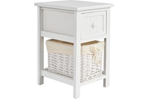 COSTWAY Bedside Table, Solid Wood Nightstand End Sofa Side Table with Drawer and Wicker Basket, Shabby Chic Slim Bedside Cabinet Accent Tea Tables for Living Room Bedroom, 28x31x45cm (1PCS, White)