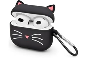 Mouzor Cute AirPods 3 Case (2021), Black Whisker Cat AirPods 3rd Generation (2021) Case Funny 3D Cartoon Animal Shockproof Soft Silicone Charging Case Cover with Carabiner for Kids Girls Boys Women