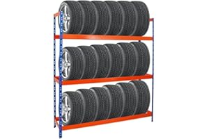PROREGAL Étagère à pneus Tiger XL | HxLxP 200x180x45cm | Charge Max. 300kg | Jusqu'à 21 pneus | Bleu/Orange | Porte-Pneu, Rack à pneus, rayonnage, Stockage, Rangement, Support, Atelier, Garage