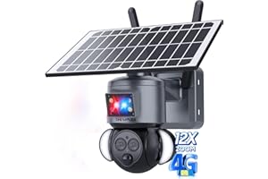 SHIWOJIA Bezprzewodowa zewnętrzna kamera solarna 4G, kamera 6 MP 4 g + 12-krotny zoom + podwójny obiektyw kamera + wykrywanie człowieka PIR + czerwone i niebieskie światła migające