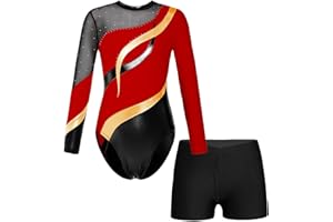 JanJean Kinder Mädchen Gymnastikanzug Glänzend Ballettanzug Langarm Turnanzug Ballett Trikot mit Kurze Hose Wettbewerb Tanzkostüm