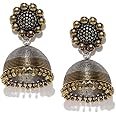 Rubans Oxidised Collection Silver & Antique Gold Toned Artistic Flower Detailed Dome Shaped Jhumka Earrings for Women & Girls, Perfect for Any Occasion