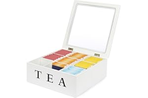 Van Henry Contenitore per tè in legno con 9 scomparti e finestra trasparente - Scatola per bustine di tè bianca - 21,5 x 21,5 x 8,5 cm