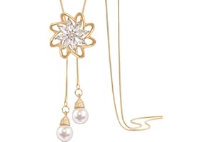 Gleamart Maple Leaf Pendant Necklace Crystals Pearl Long Sweater Chain