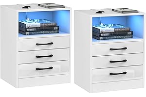 PIPIPOXER 2er Set Nachttisch mit LED Beleuchtung, Beistelltisch in Schwarz mit Steckdose und Anschlüsse, Nachttische mit 3 Schubladen Nachschrank für Wohnzimmer,Schlafzimmer Bett 45x35x60cm Weiß