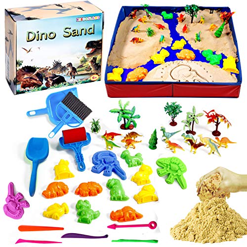 KiddosLand Sabbia Modellabile Magica 3 lbs di Sabbia Naturale, 39 Accessori Include Dinosauro, Stand per Gli stampi, Alberi, Strumenti di Pulizia e Pieghevole scatolo di Sabbia per Bambini