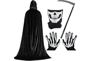 Faburo Halloween Costume Grim Reaper, Grim Reaper Costume Adult ＆ Kids, 4PCS Reaper Fancy Dress Set with Black Hooded Cloak, Grim Reaper Vampire Costumes Cosplay Accessories for Halloween Party(L-XL)