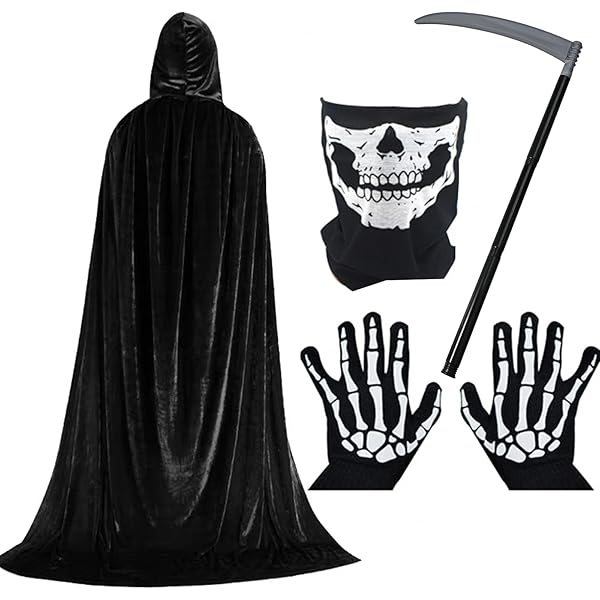 LXUBDXY Deguisement Faucheuse Homme, Deguisement Halloween, Cape Noire Avec Masque De Crâne, Gants Et Faucille, Déguisement Squelette Homme, Faucheuse Costume Pour Halloween Carnaval Cosplay