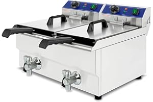 VERTES Friggitrice in acciaio inox 2x 17L, 6000W, 230V, principio della zona fredda, temperatura regolabile in continuo 50-200°C, rubinetto di scarico, 2 cestelli per frittura, pulsante di reset