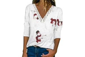 HAOLEI Christmas T Shirt for Women UK Funny Novelty Snowman Jumper Lace V Neck Tunics Long Sleeve Xmas Pullover Blouse Tops Sale Clearance Christmas Sweatshirt for Ladies